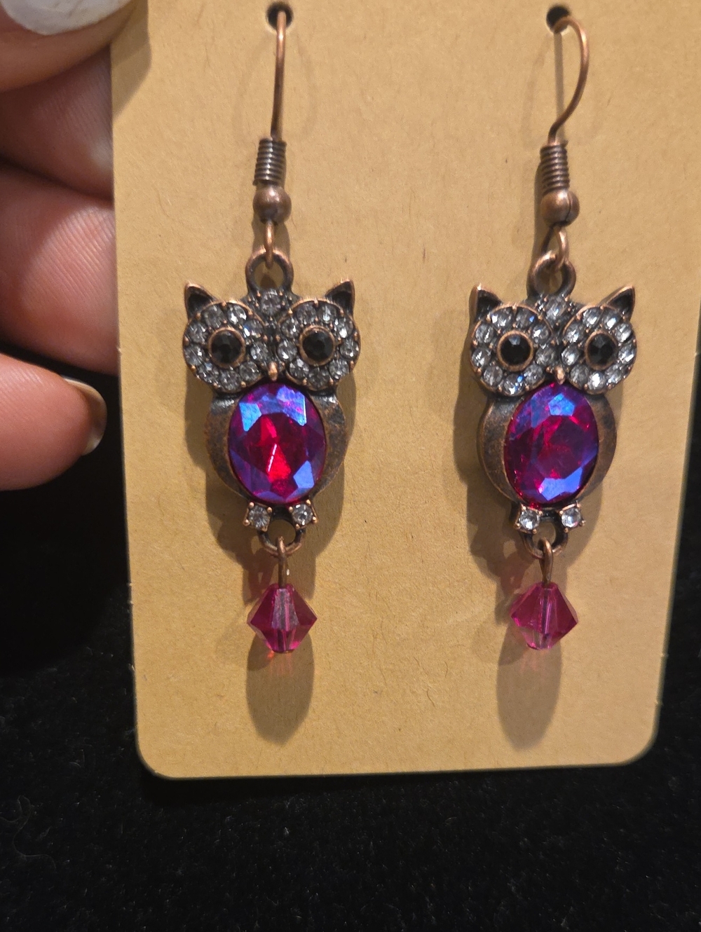 Vintage-Inspired Pink Crystal Owl Drop Earrings